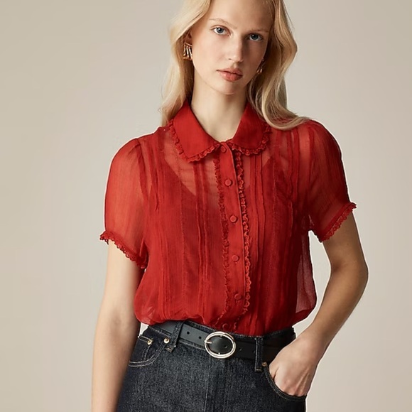 J. Crew Tops - J crew Persian red Sheer lace-trim button-up shirt